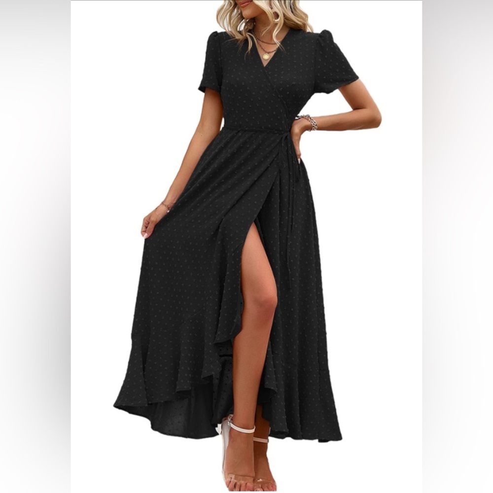 PRETTYGARDEN Women's Blk Wrap Maxi Dress Swiss Dot Short Sleeve Ruffle Hem SzM